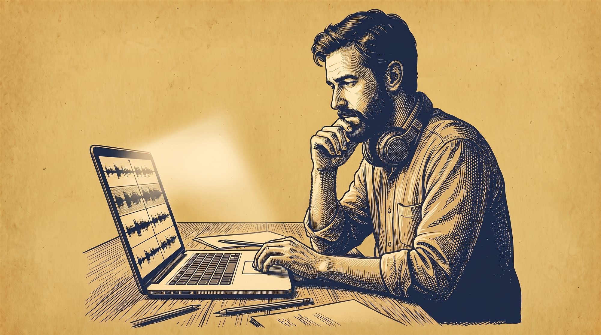 Gravură: un producător cu căștile pe gât ascultă concentrat la laptop, pe ecran un browser de sample-uri cu forme de undă